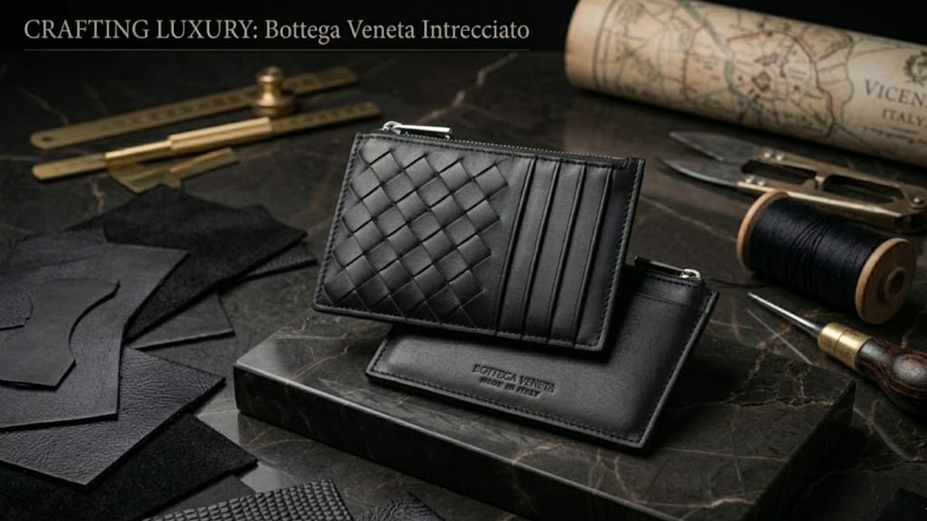 Intrecciato Leather Card Holder in black with woven pattern on marble surrounded by artisan leatherworking tools and materials