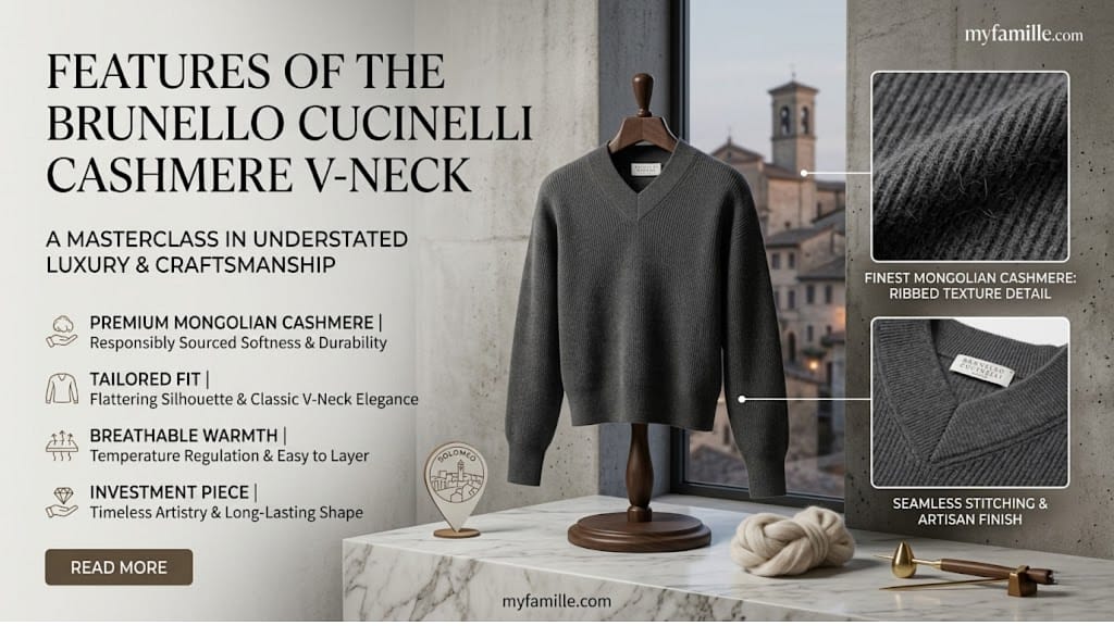 cashmere v neck sweater Brunello Cucinelli grey knit displayed on stand with premium fabric texture highlights.