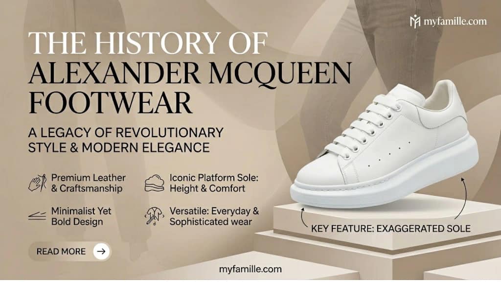 McQueen platform sneakers in white leather with burgundy heel tab displayed on a minimalist luxury stone platform