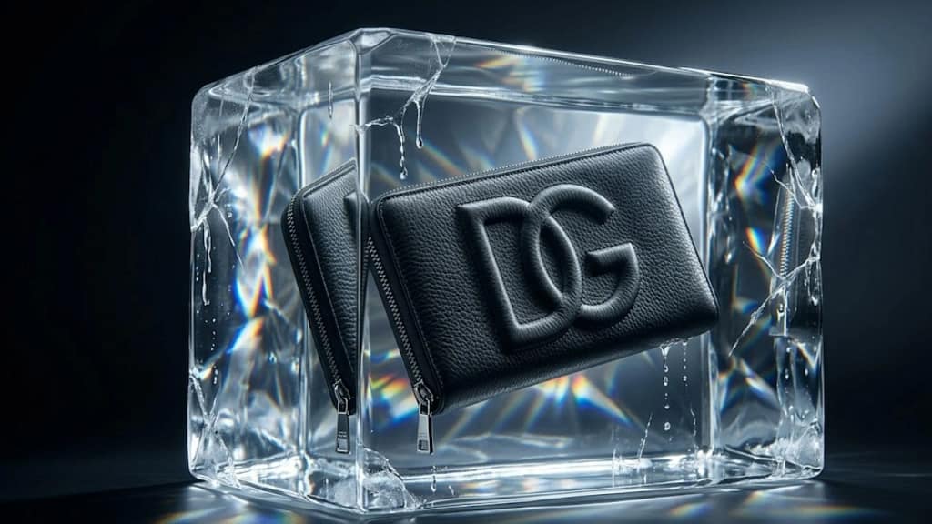 dolce and gabbana wallet encased in transparent ice with colorful light refractions and a duplicate item visible in the background.