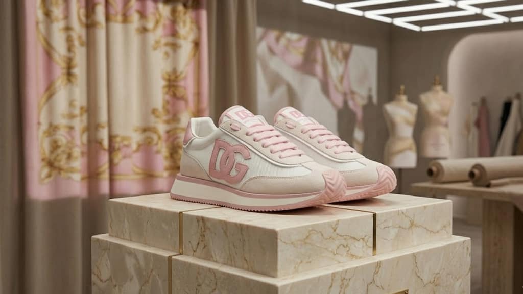 DG sneaker styling guide showcasing pink Dolce & Gabbana cushion sneakers with logo detail on a marble platform