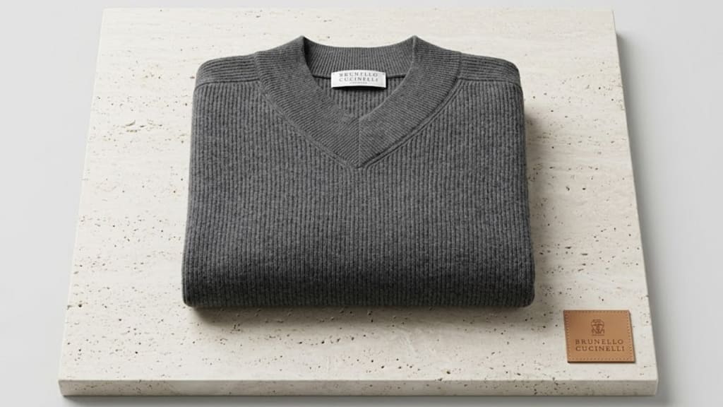 cashmere v neck sweater Brunello Cucinelli grey knit displayed on stand with premium fabric texture highlights.