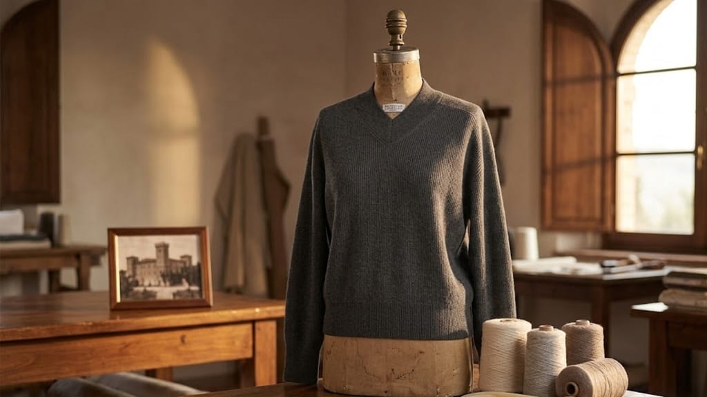 cashmere v neck sweater Brunello Cucinelli grey knit displayed on stand with premium fabric texture highlights.