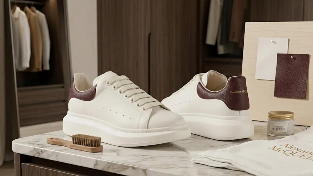 McQueen platform sneakers in white leather with burgundy heel tab displayed on a minimalist luxury stone platform