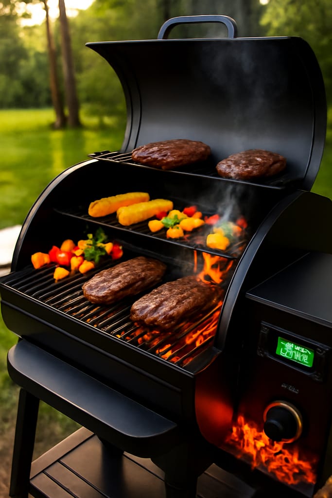 A black dual-fuel pellet grill with burgers, corn, and vegetable skewers sizzling, smoke rising from the charcoal section, with digital temperature controls visible.