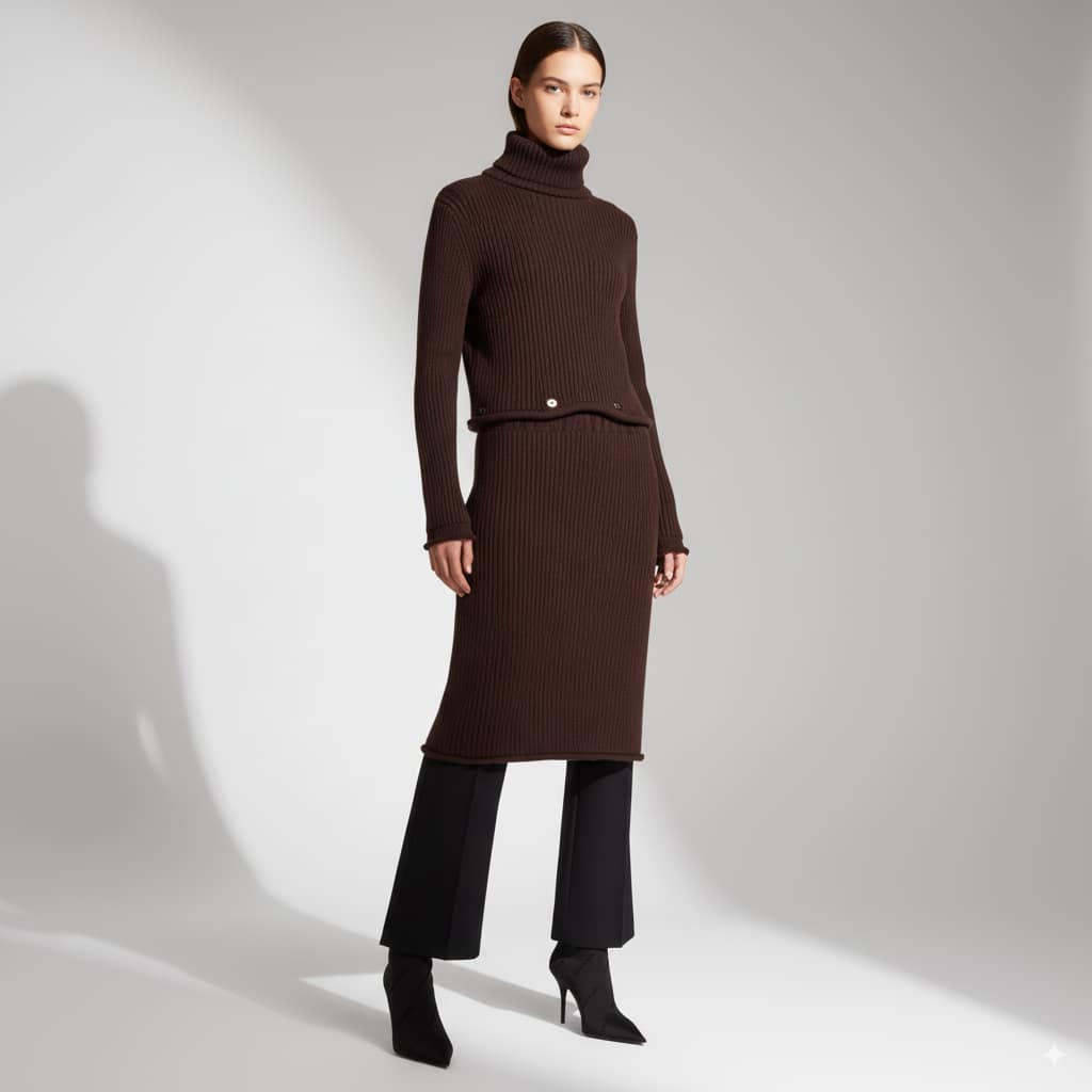 bottega-veneta-knit-dress.png Bottega Veneta Knit Dress in burgundy ribbed wool with turtleneck and long sleeves for luxury fashion.