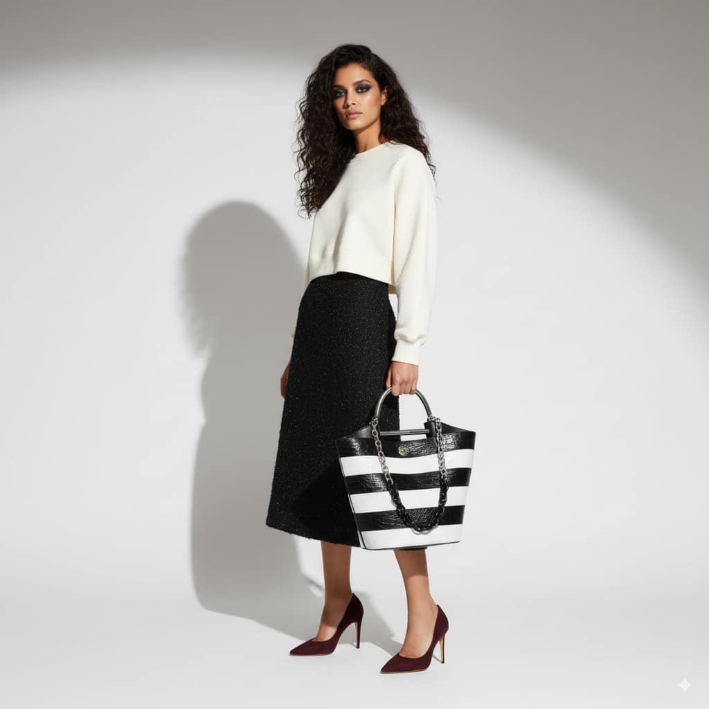 balenciaga-crocodile-bucket-bag.png Balenciaga Crocodile Bucket Bag in black and white striped pattern with chain handles for designer luxury handbag.