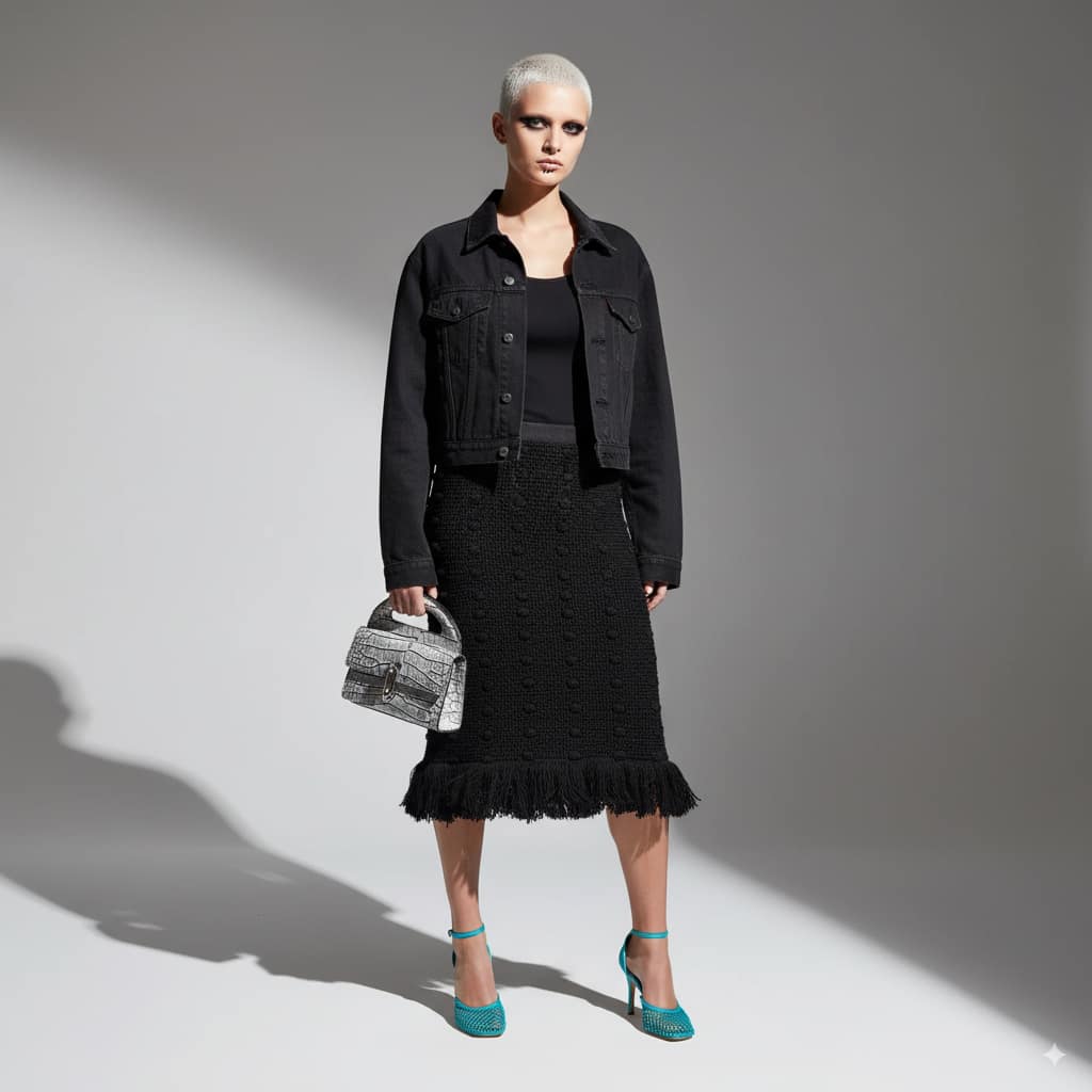 balenciaga-alligator-mini-bag.png Balenciaga Alligator Mini Bag in silver carried by model wearing black outfit with denim jacket for luxury handbag styling.
