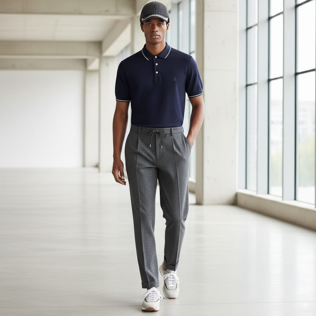 brunello-cucinelli-baseball-hat.png Brunello Cucinelli baseball hat in charcoal ribbed knit worn with navy polo shirt and gray tailored trousers in modern setting.