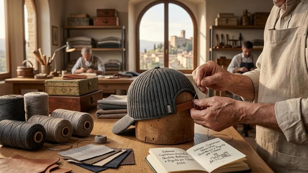 Brunello Cucinelli ribbed knit baseball cap in charcoal grey, resting alone on a textured travertine stone plinth in a high-end fashion editorial setting.